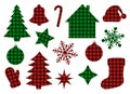 Set Christmas elements buffalo plaid vector illustration Royalty Free Stock Photo